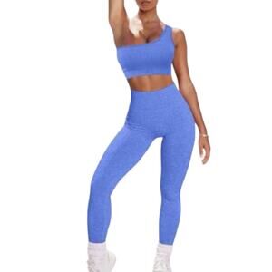 New 2 Piece Seamless Blue High Waist Leggings One Shoulder Sports Bra Outfit